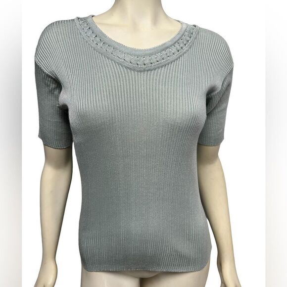 Vintage Handmade  Silky Light Blue Ribbed Short Sleeve Top Blouse - Picture 2 of 8